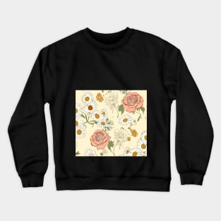 Hand-drawn floral motifs. Delicate daisies and roses scattered on a pale yellow background. Vintage flower wallpaper. Crewneck Sweatshirt